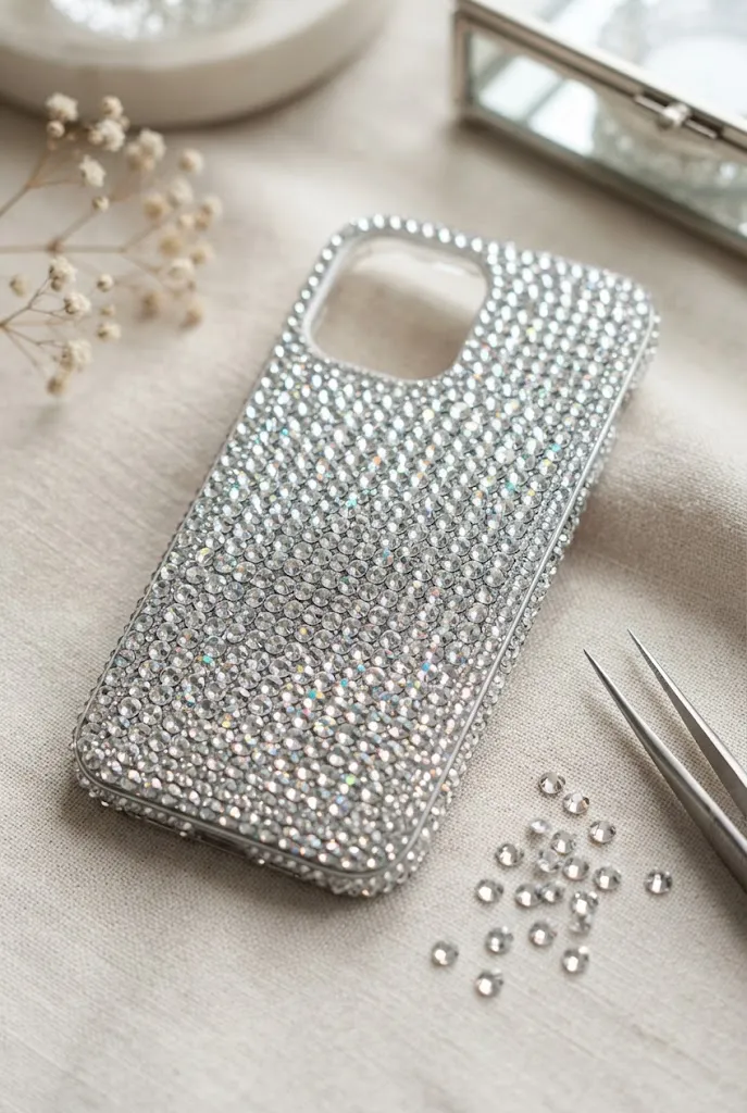 Full-coverage crystal bedazzled phone case DIY.