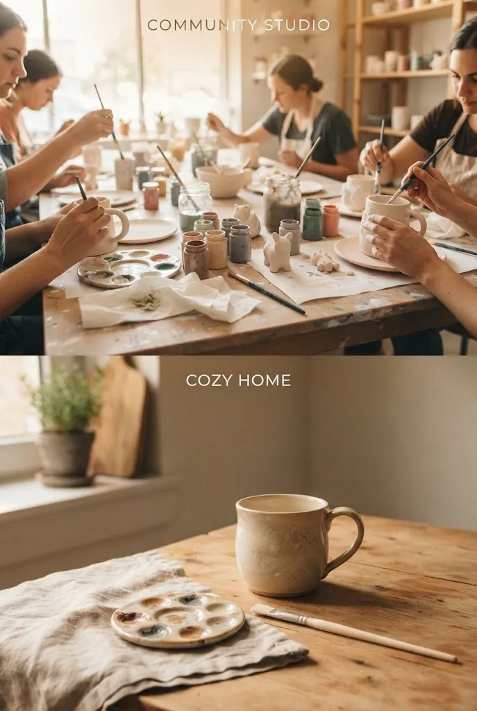 Pottery studio painting table versus at-home painting setup