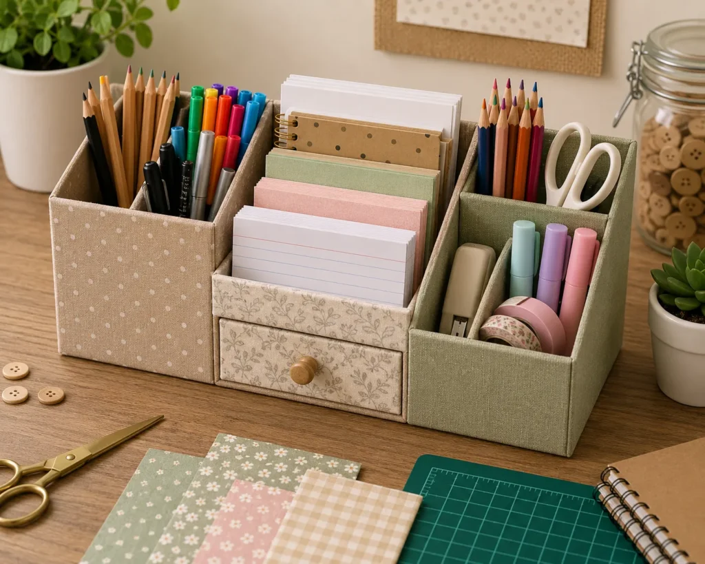 Handmade fabric-covered desk organizer with compartments