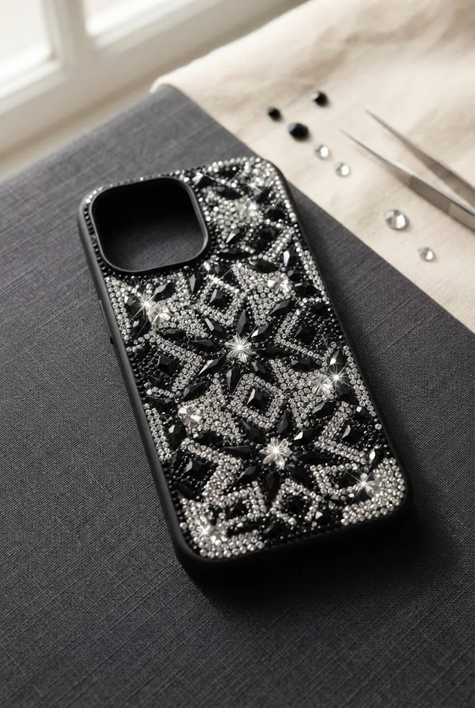 Black and silver glam rhinestone phone case.
