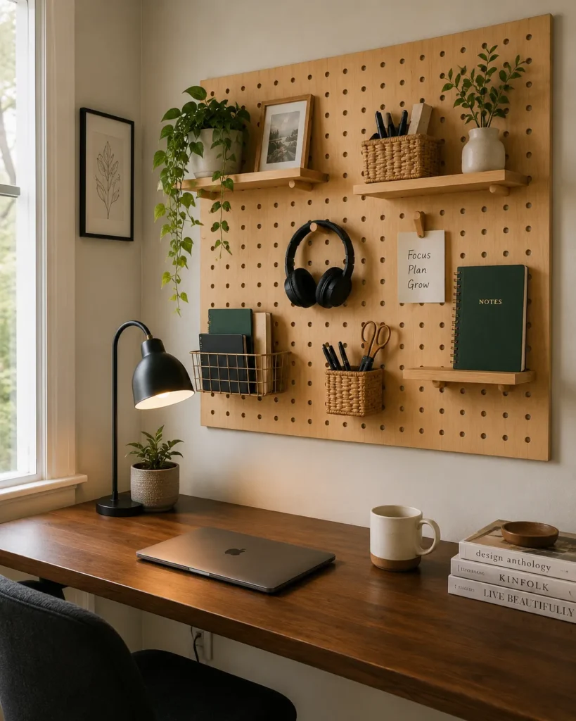 Pegboard organization system above a study desk