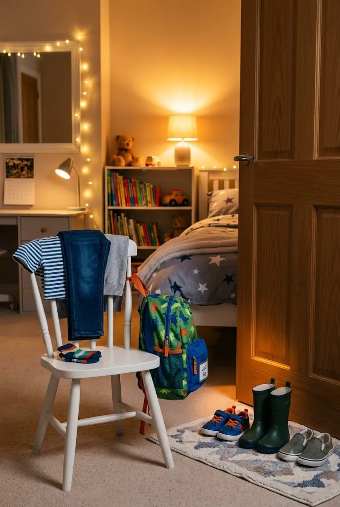 Night before school routine idea with outfit and backpack prep