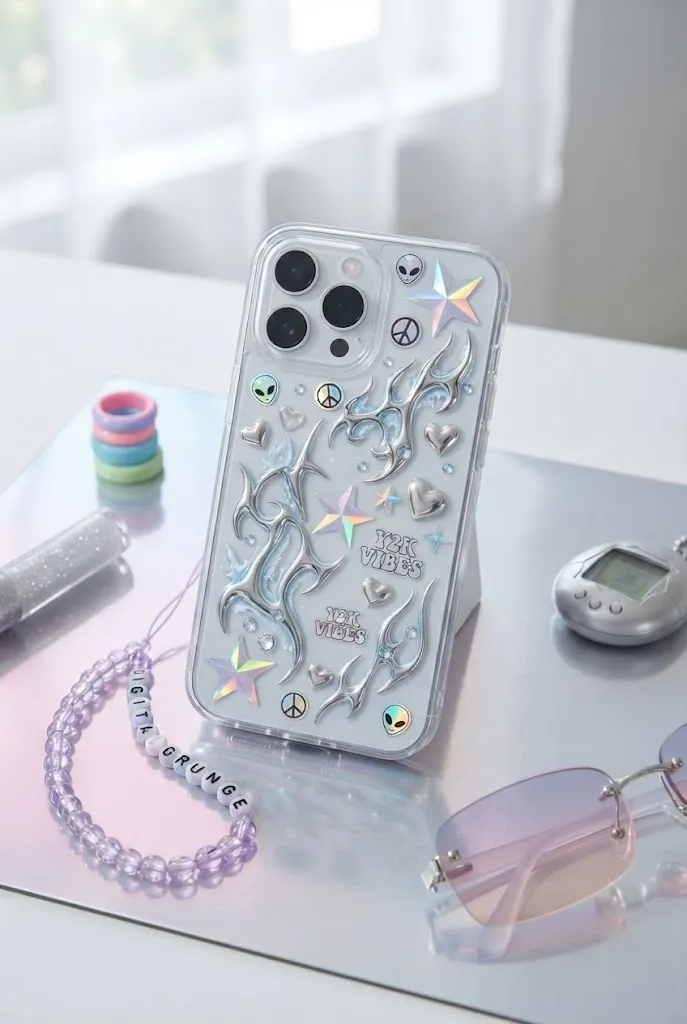 Chrome metallic Y2K DIY phone case.