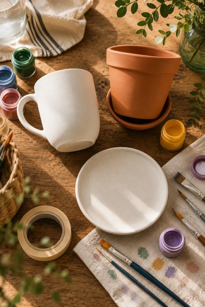 Pottery painting supplies with plain mug, plate, and planter