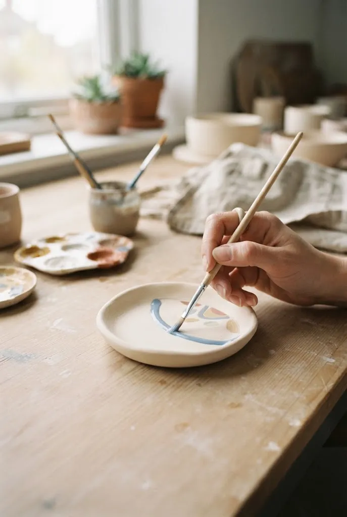 Applying a thin even coat of paint to pottery
