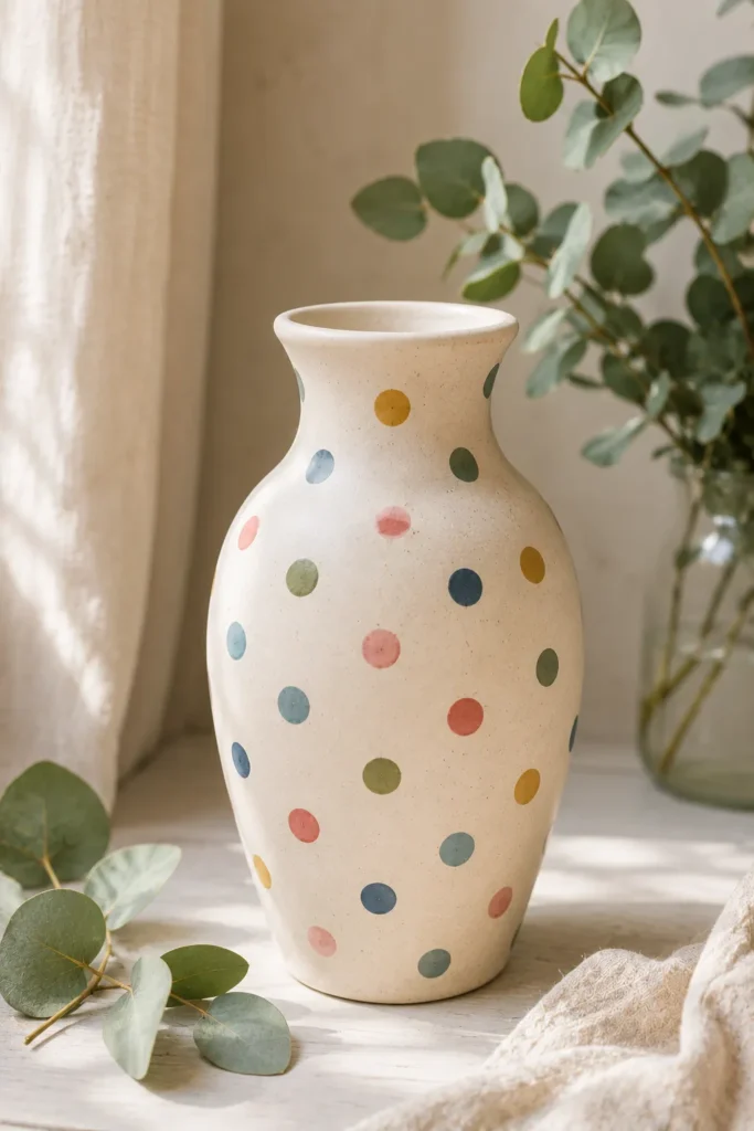 Cream vase painted with scattered pastel polka dots