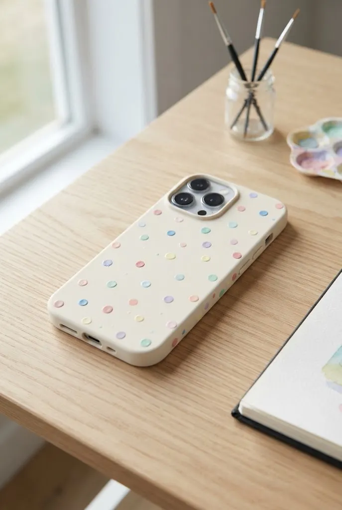 Phone case painted with scattered pastel polka dots