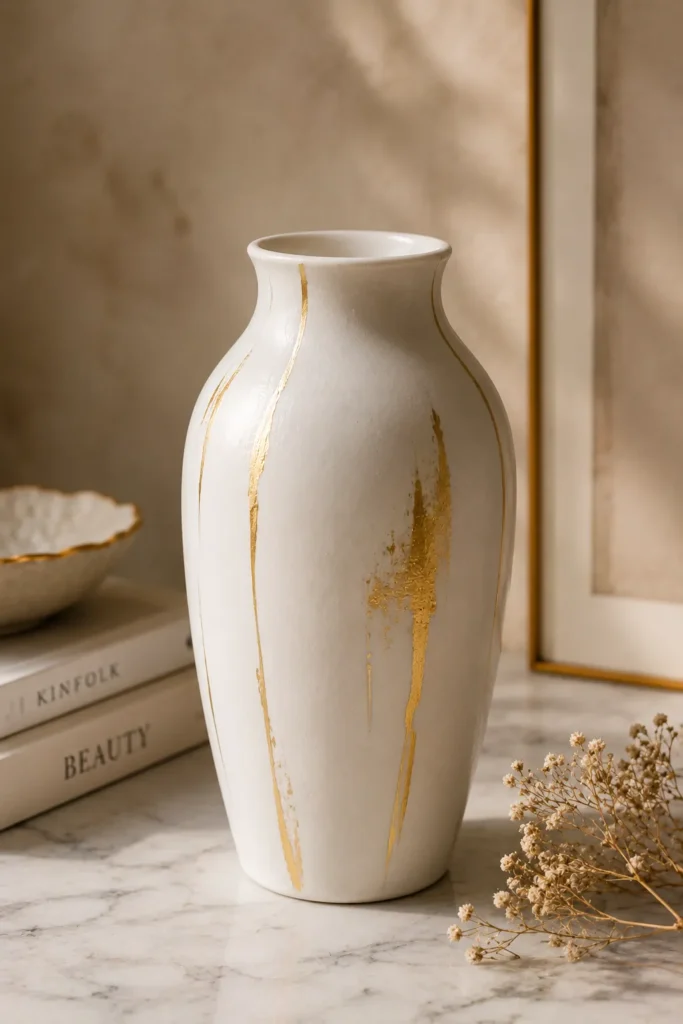  White vase with painted gold metallic accents