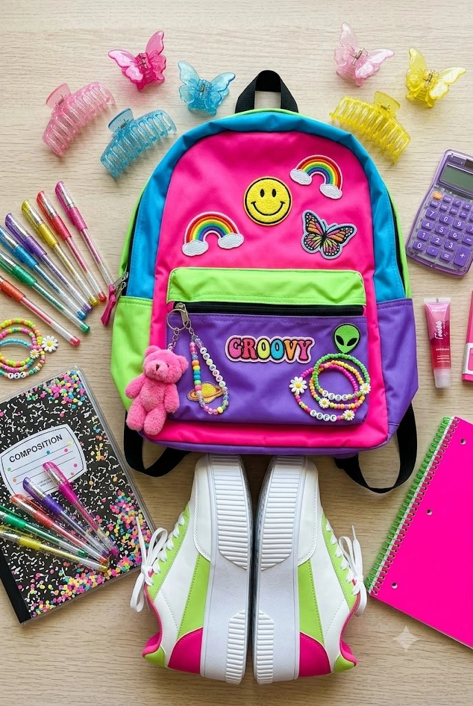 Bold colorful Y2K back to school aesthetic supplies