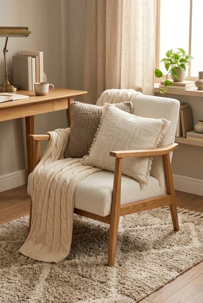 Cozy textile study corner with throw blanket and cushions