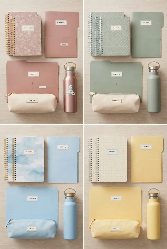 Coordinated school supplies in matching colors arranged on a desk