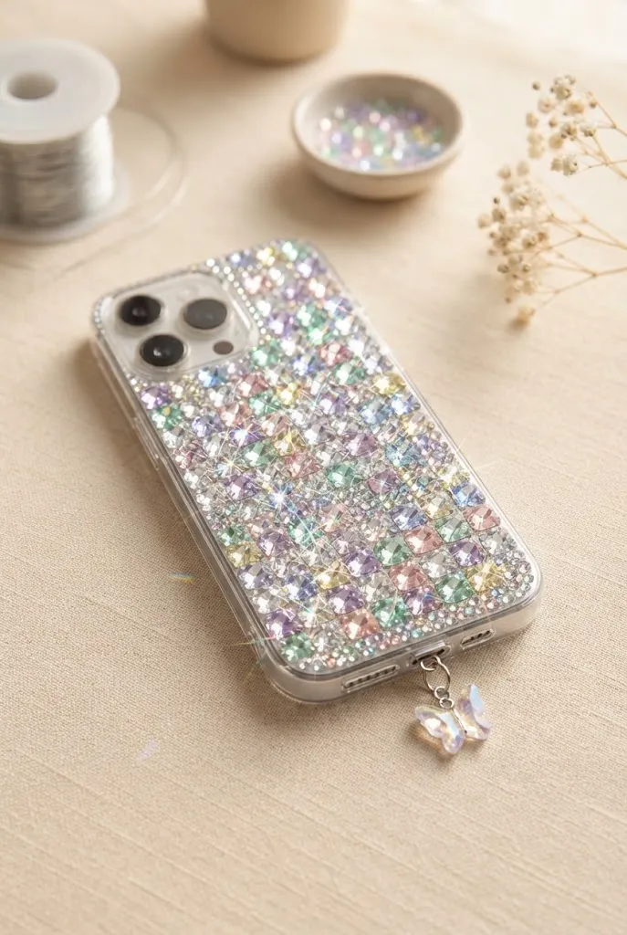 Checkerboard rhinestone phone case with a decorative charm.