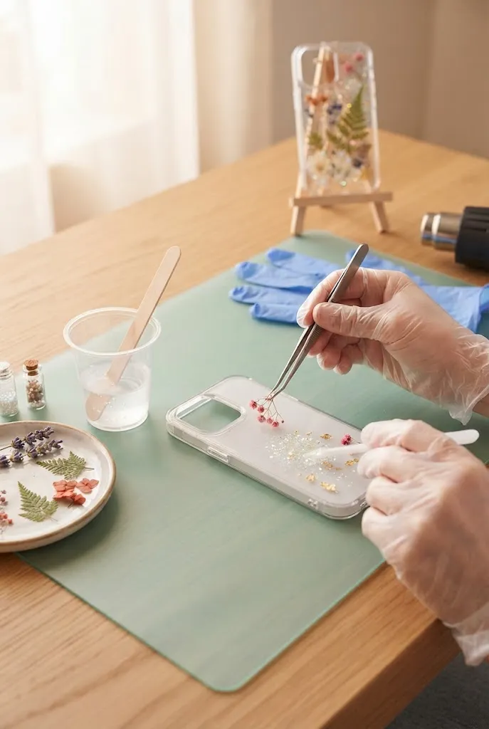 Hands decorating and preparing a clear DIY resin phone case.