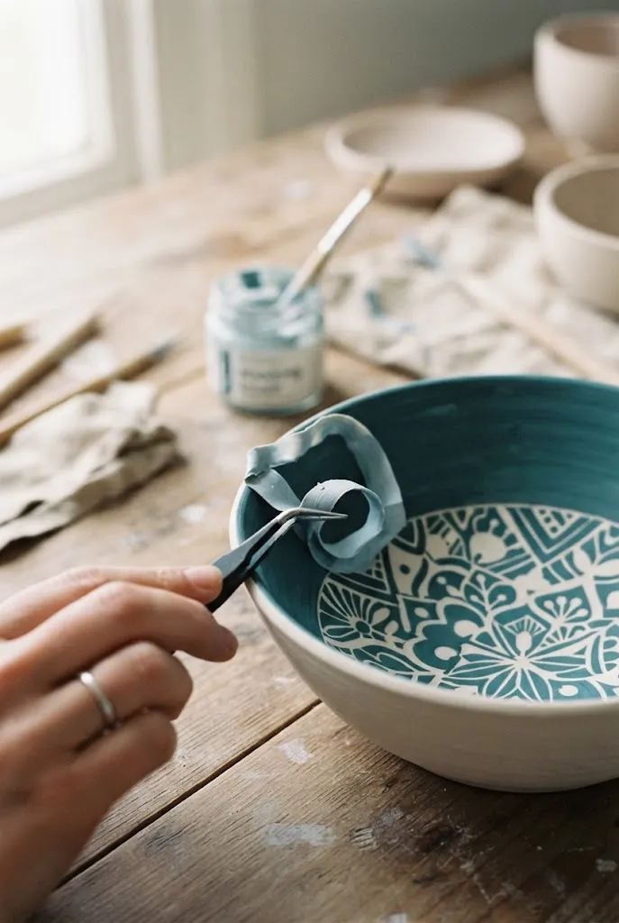 Masking fluid resist technique for pottery painting