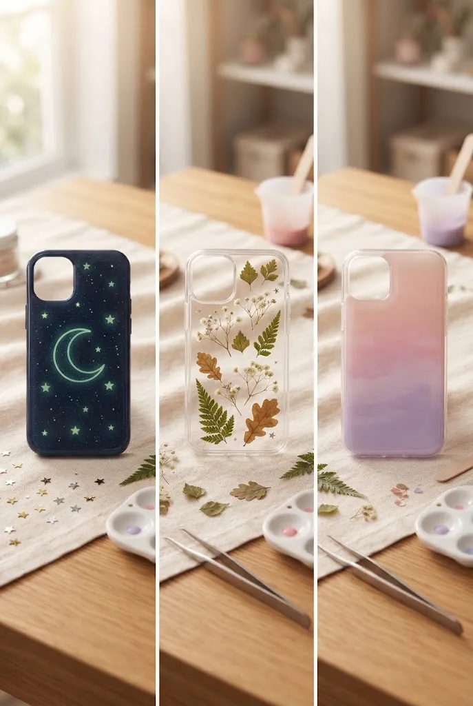 Glow night sky, dried leaf, and ombre DIY resin phone case ideas.
