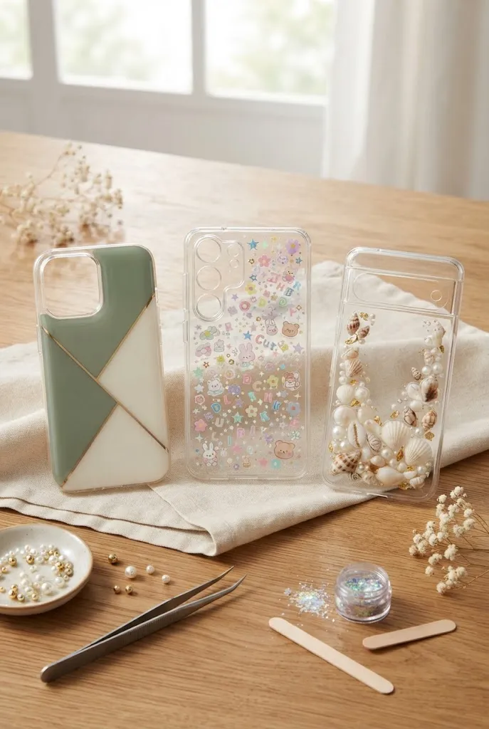 Color-block, sticker collage, and coastal shell resin phone cases.