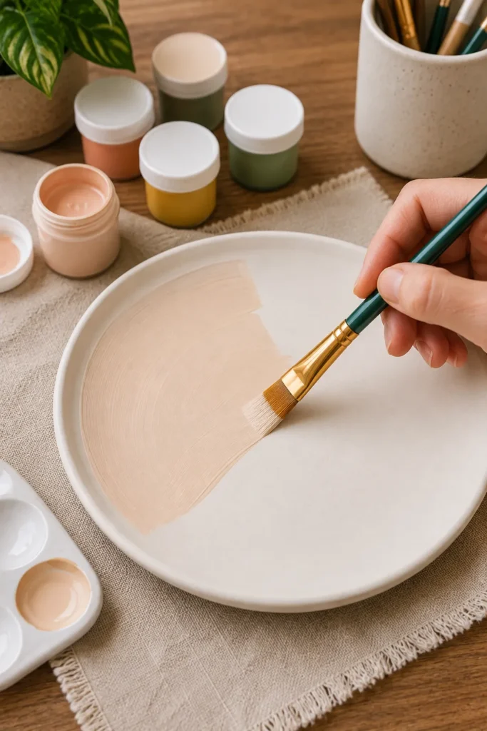 Applying base coat paint to DIY ceramic piece