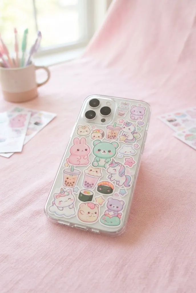 Kawaii character sticker cluster on phone case