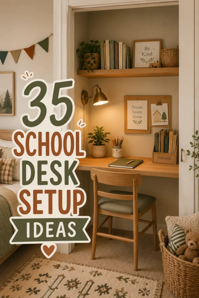Small desk built into an open closet nook with shelving above