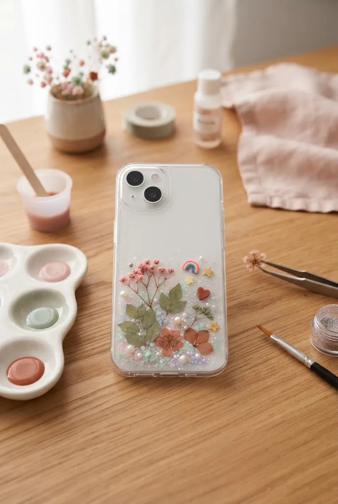 DIY resin phone case supplies and colorful decorations on a craft table.