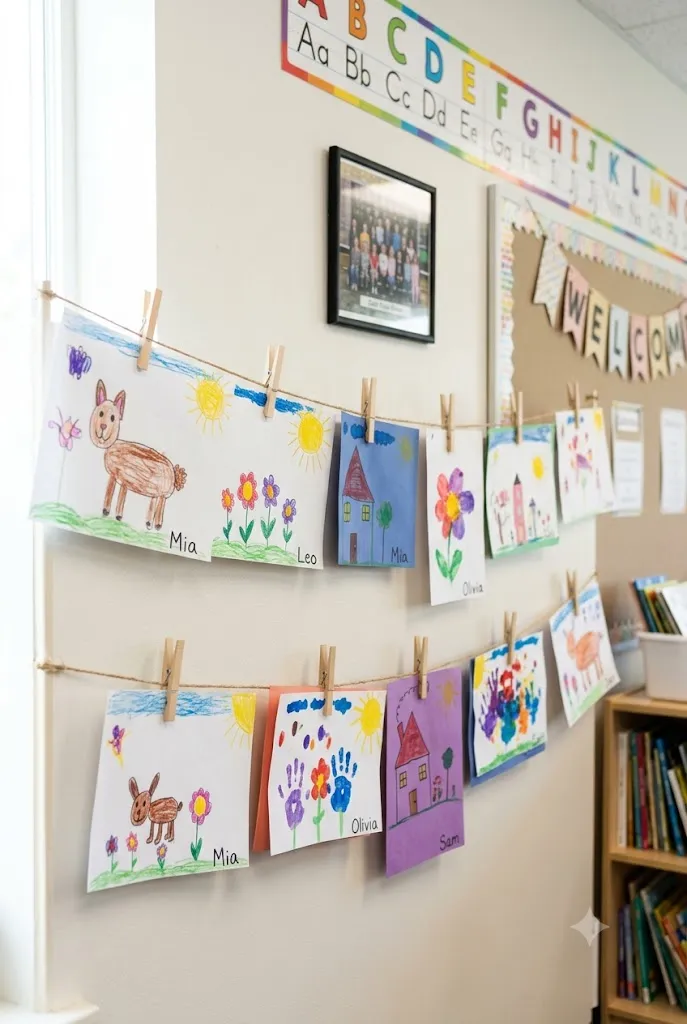 Student work display line with clothespins