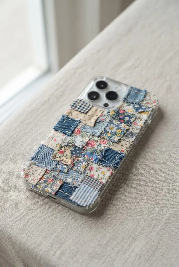 Phone case with fabric scrap patchwork design