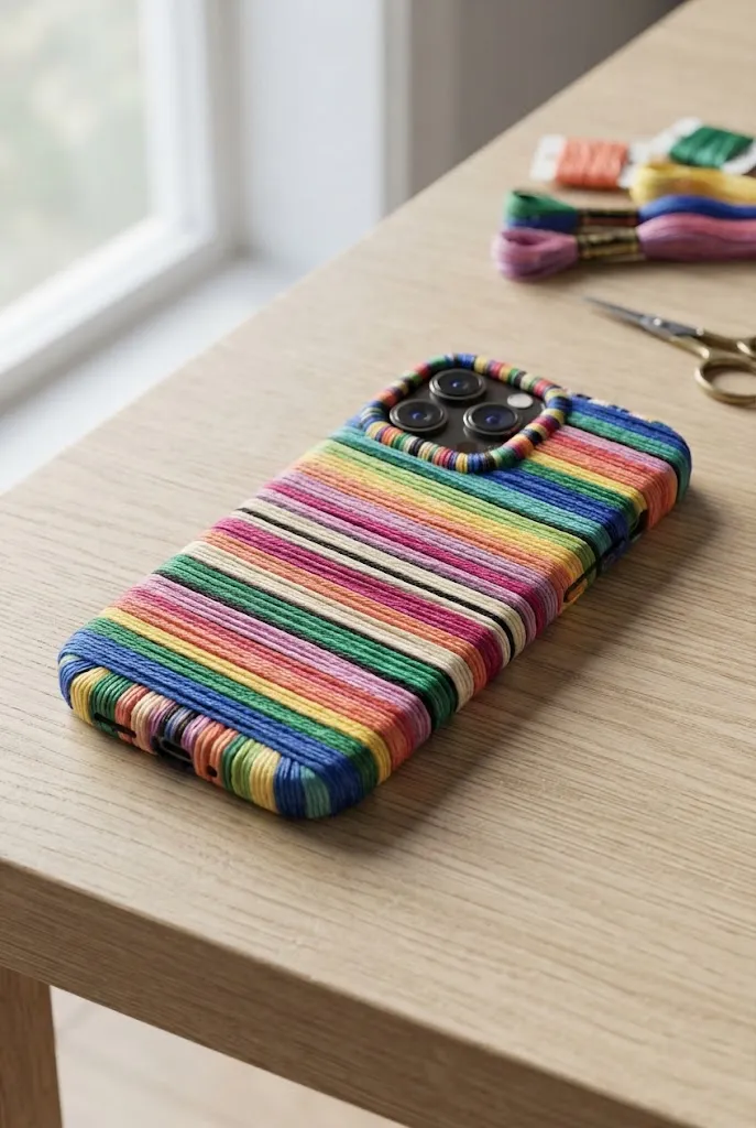 Phone case wrapped in colorful embroidery thread