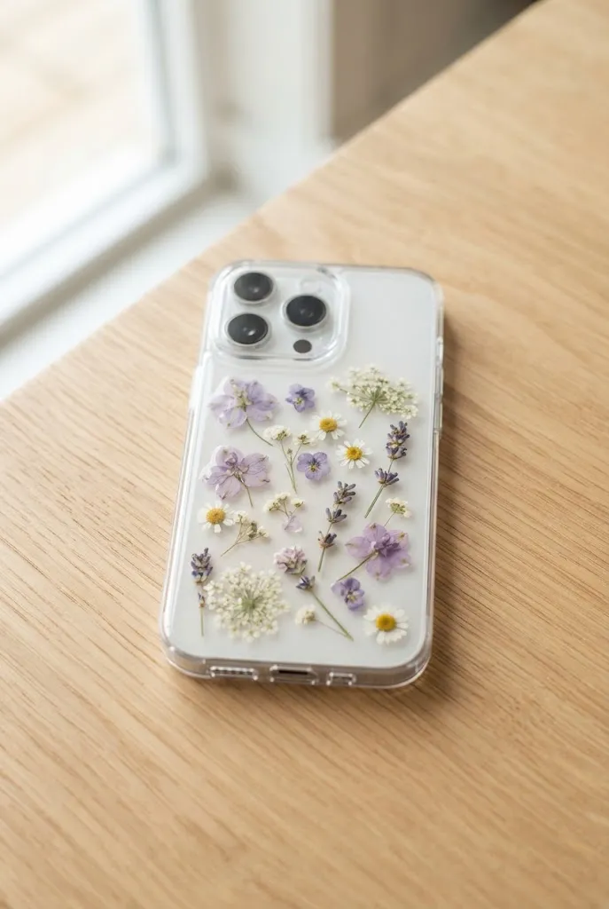 Clear phone case with scattered pressed wildflowers