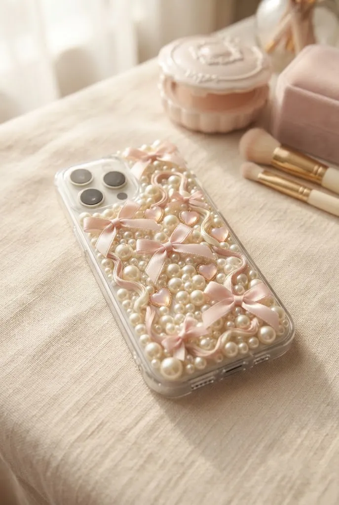 Soft pink coquette phone case decorated with pearls and bows.