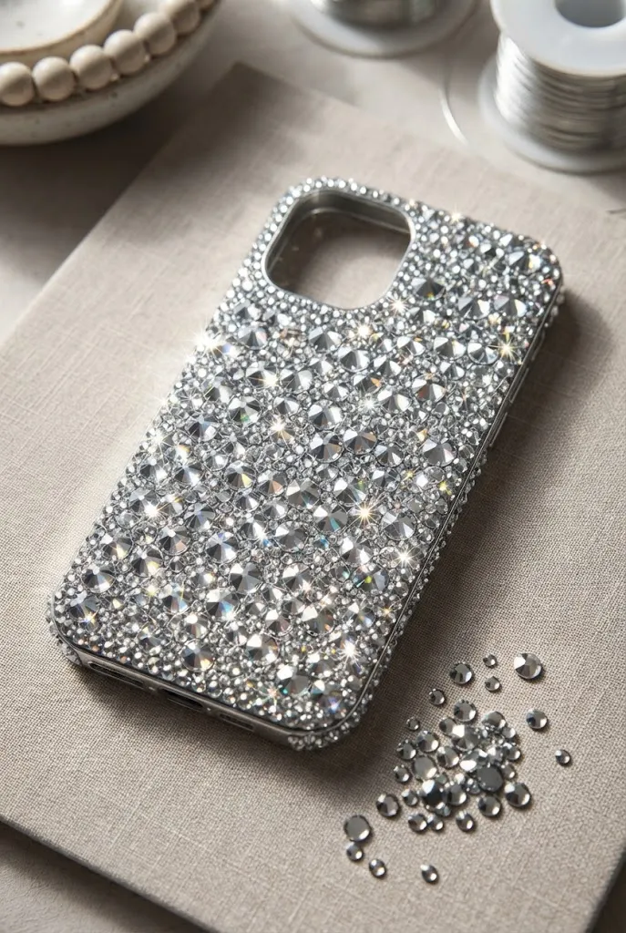Sparkling silver mirrorball-inspired bedazzled phone case.
