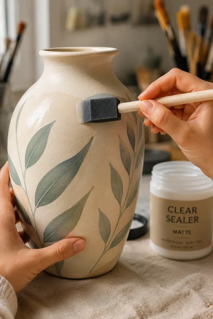 Applying clear sealant coat to a painted vase