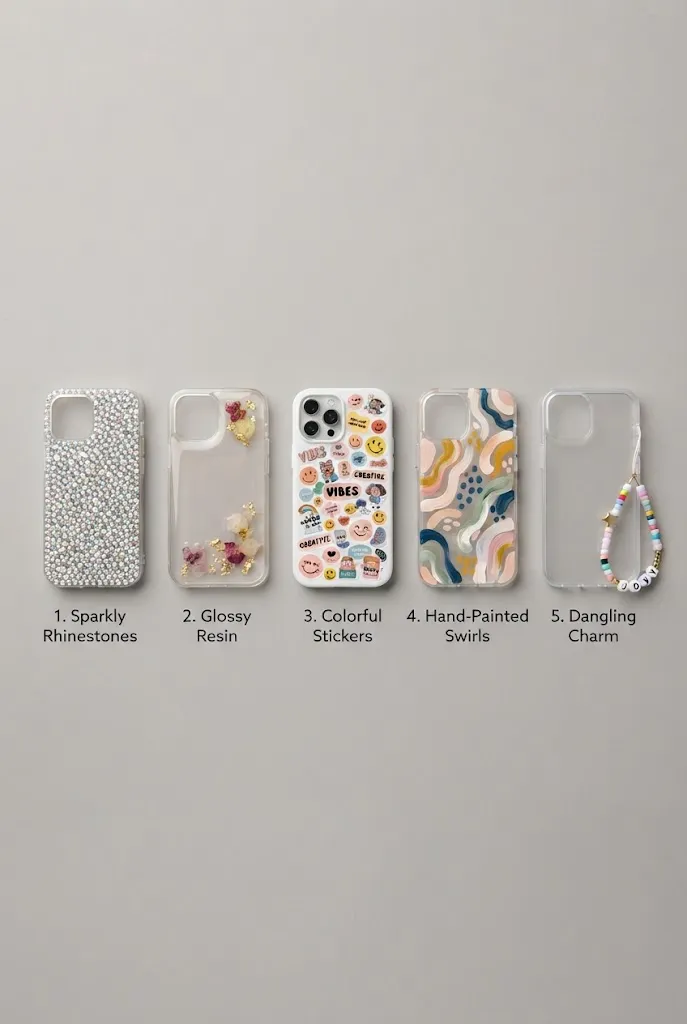 Comparison of five phone case decorating techniques side by side