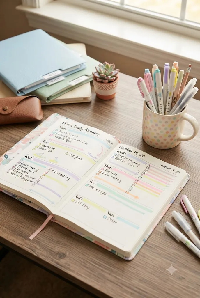 Open student planner with a filled weekly spread on a desk