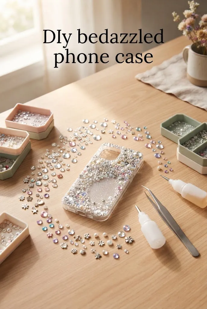 DIY bedazzled phone case with rhinestones, crystals, pearls, and craft supplies.