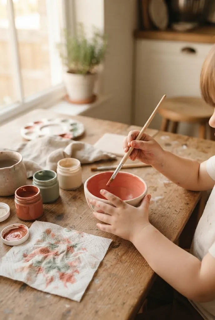 Child painting a small ceramic bowl at a craft table