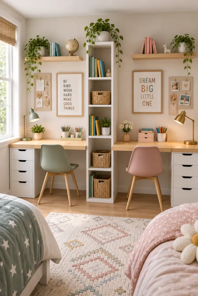 Long shared desk for two kids with a divider between sides