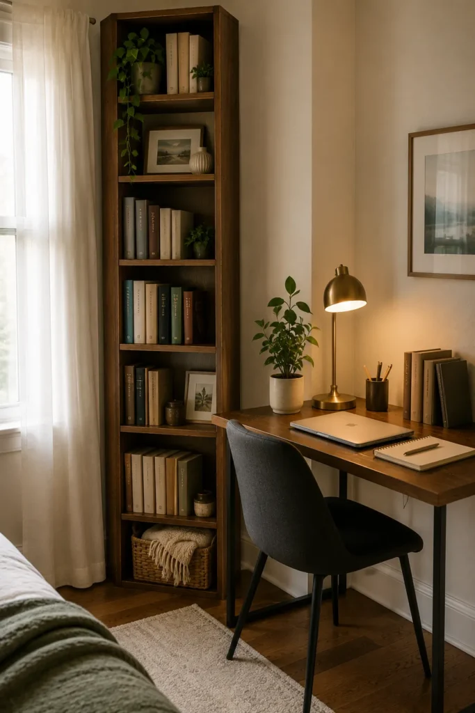 Corner bookshelf and desk combo study space idea