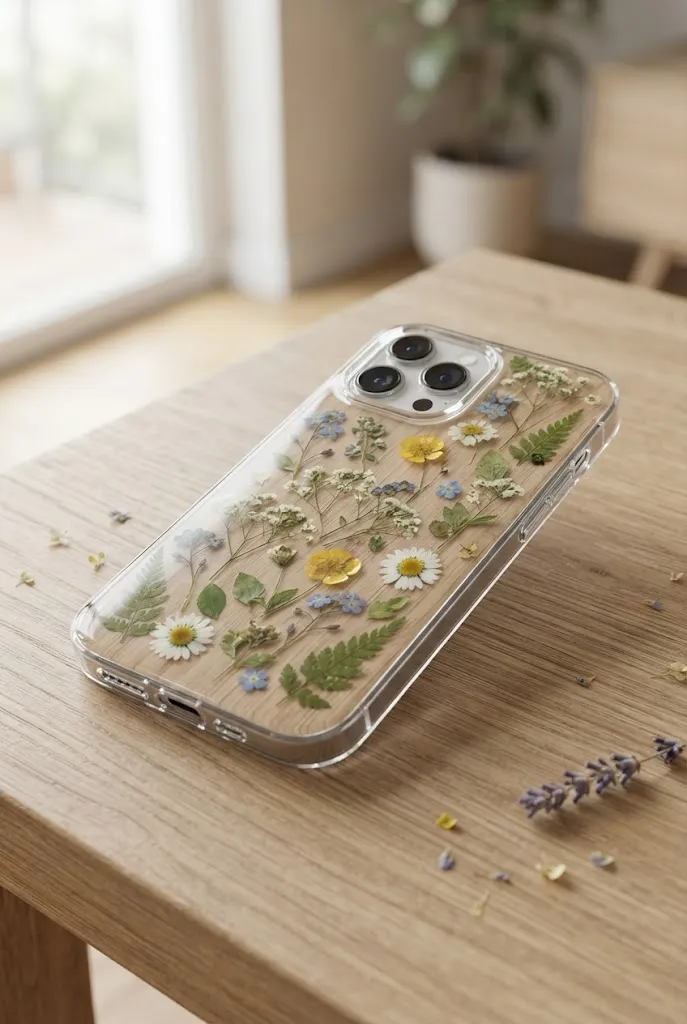 Clear phone case with pressed flowers in resin