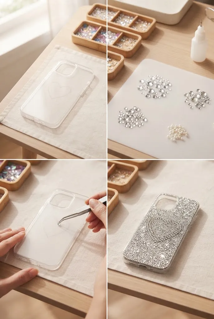 Step-by-step process for making a DIY rhinestone phone case.