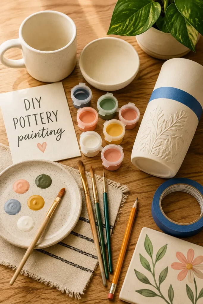 DIY pottery painting supplies at home flat lay