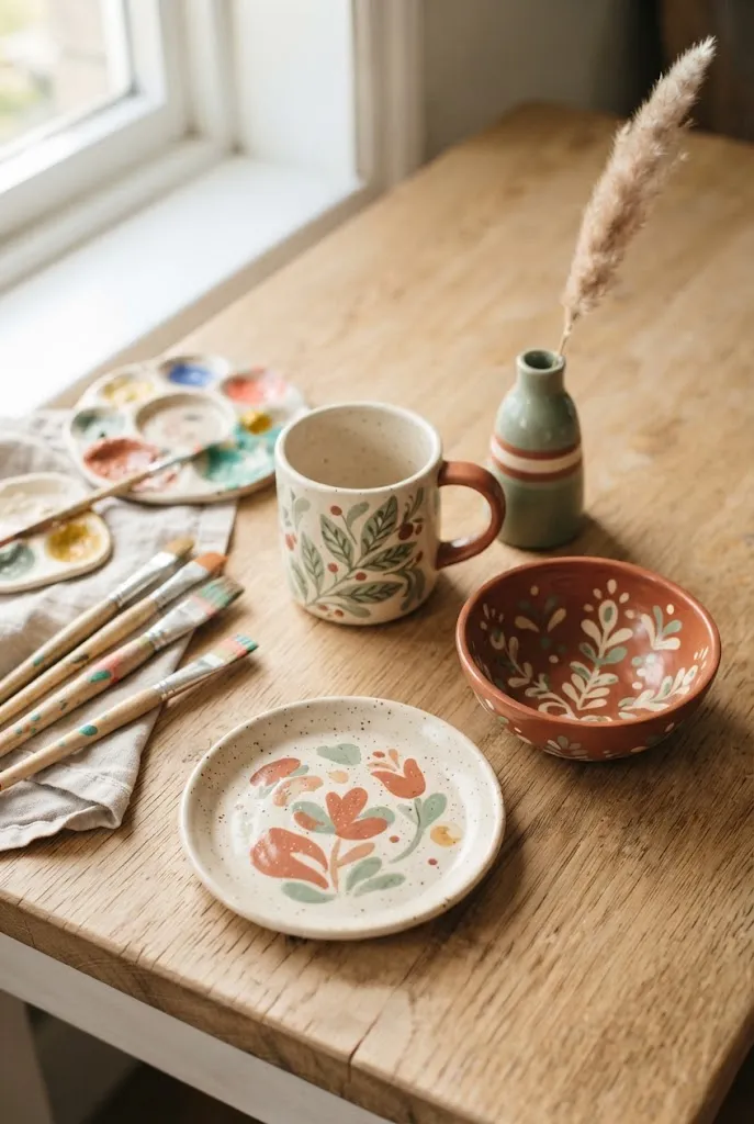 Hand-painted pottery mug, plate, vase, and bowl arranged together