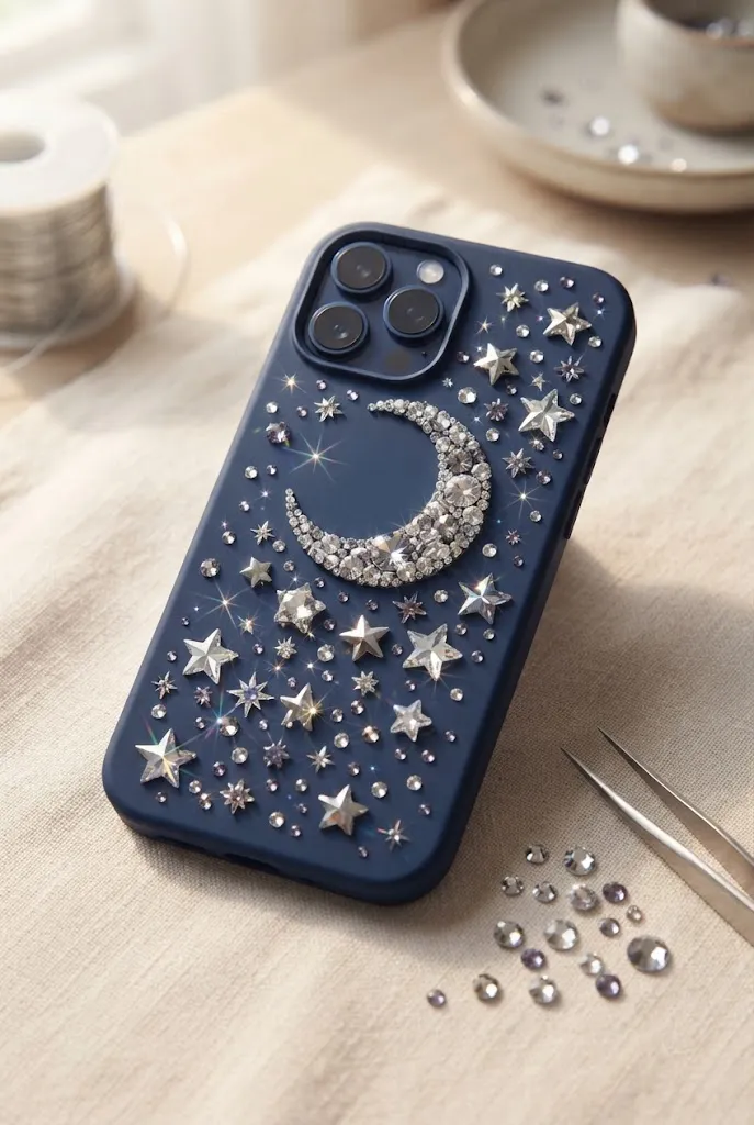 Celestial moon and stars rhinestone phone case.