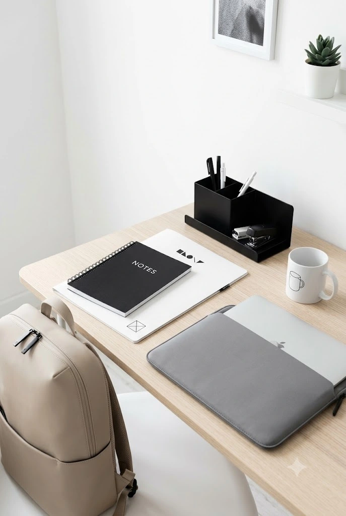 Minimal neutral back to school aesthetic desk setup
