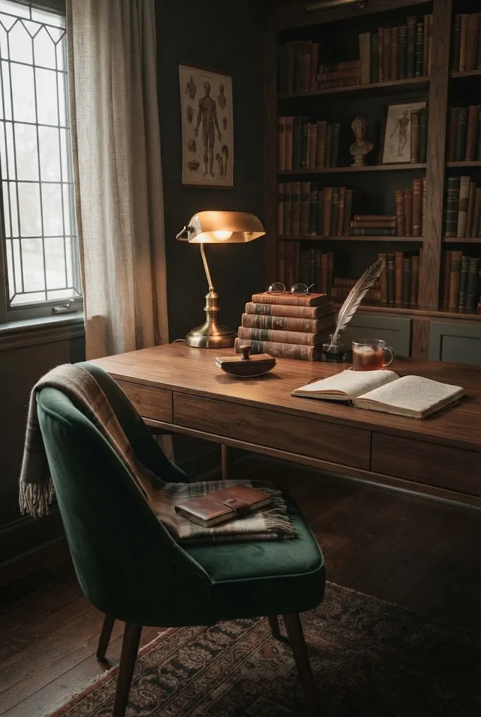 Dark academia aesthetic study corner with books and brass lamp