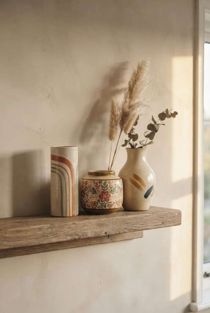 Three hand-painted ceramic vases of different shapes on a shelf