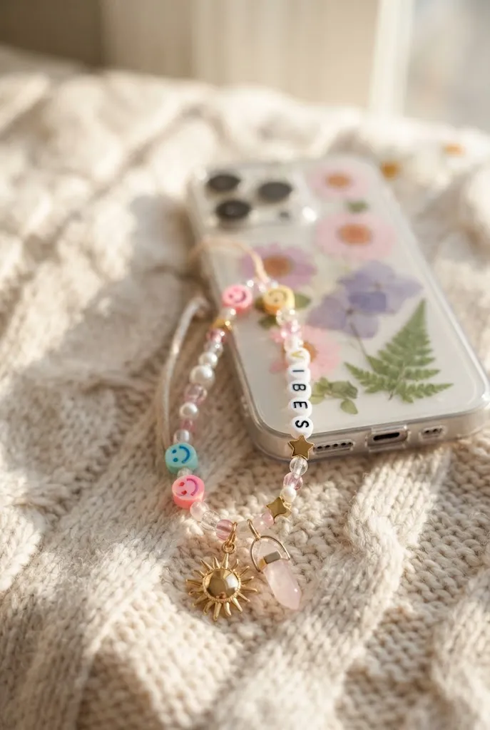 : Phone case with beaded charm strap and dangling trinkets