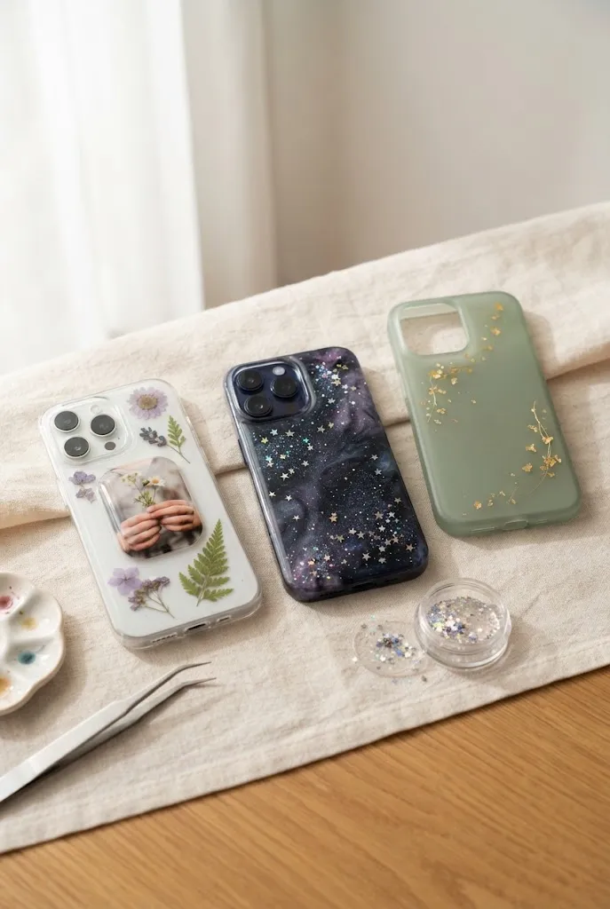 Photo memory, galaxy glitter, and minimalist resin phone case ideas.