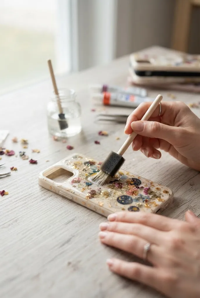 Applying clear sealant coat to a decorated phone case