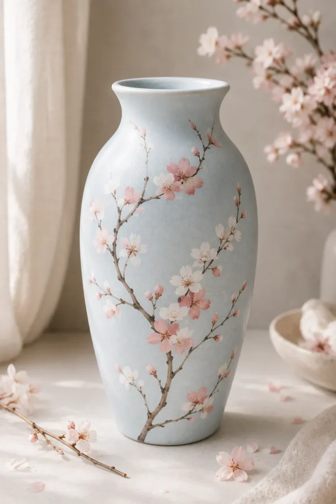 Vase painted with delicate cherry blossom branch design