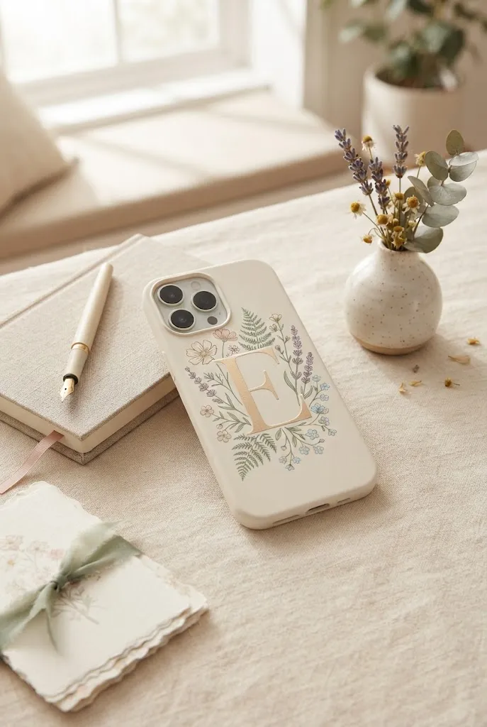 Image Prompt: Vertical Pinterest pin, size 2:3, elegant personalized DIY phone case featuring a large delicate initial surrounded by a hand-drawn birth flower, tiny botanical leaves, and subtle cream and sage accents. Place the case on warm linen beside botanical stationery and a small dried flower arrangement. Soft natural window light, refined personalized gift styling, realistic printed and handmade textures, premium Pinterest photography, no text except the single decorative initial, no watermark, no logo.
